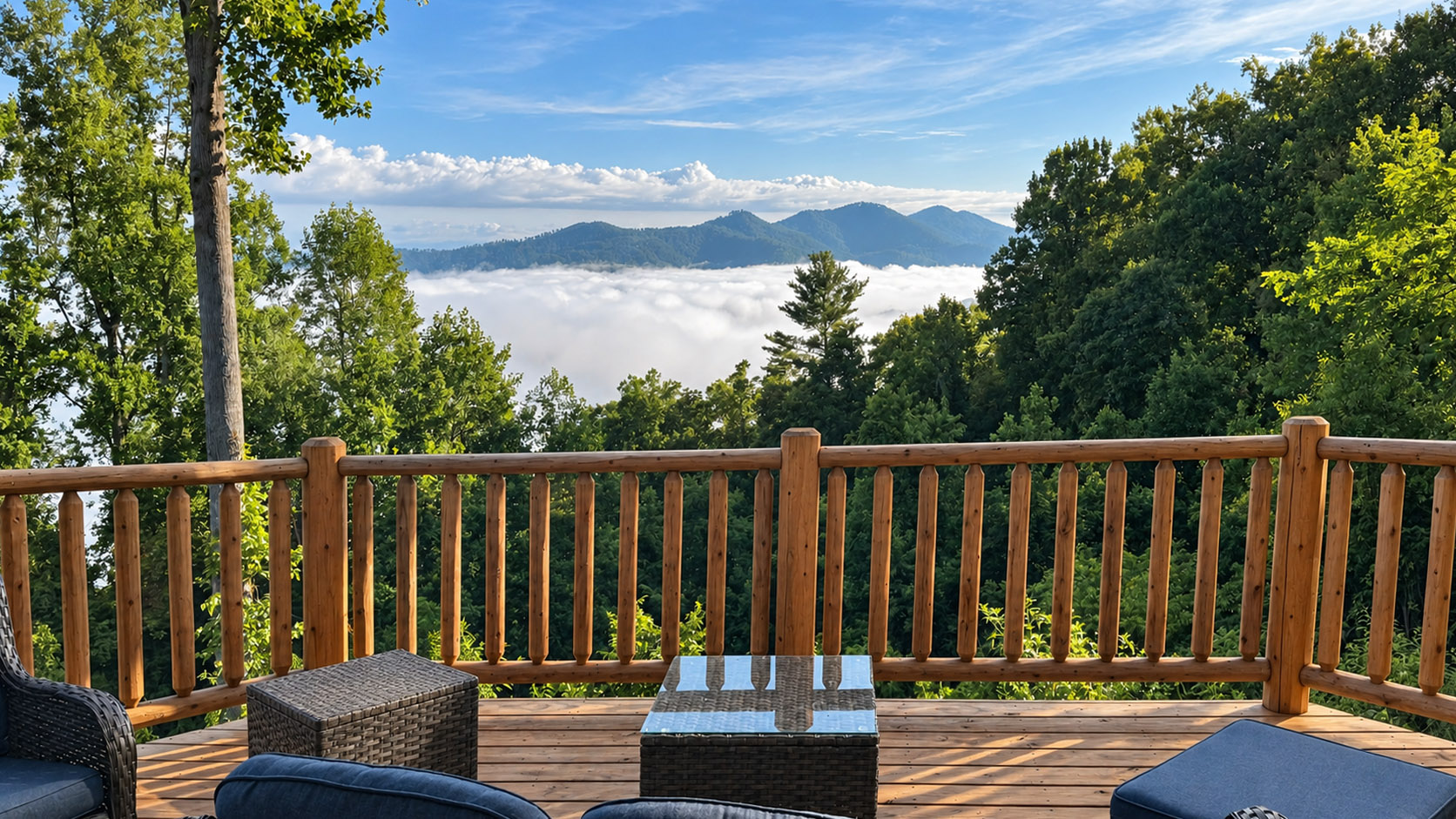 Covered back porch overlooking a cloud-filled mountain valley