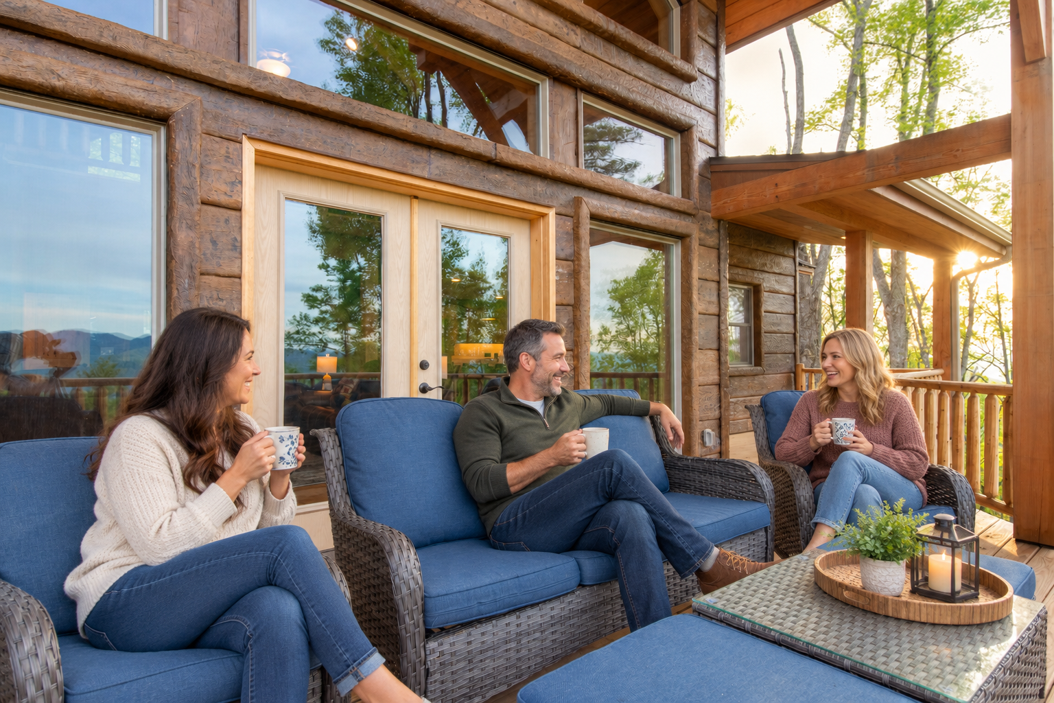 Guests enjoying cups of coffee together on the covered deck