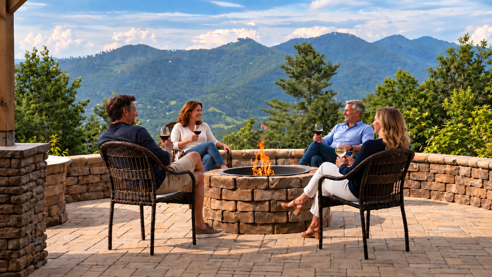 Four people gathered around the burning fire pit with mountain views at Elk Mountain Escape