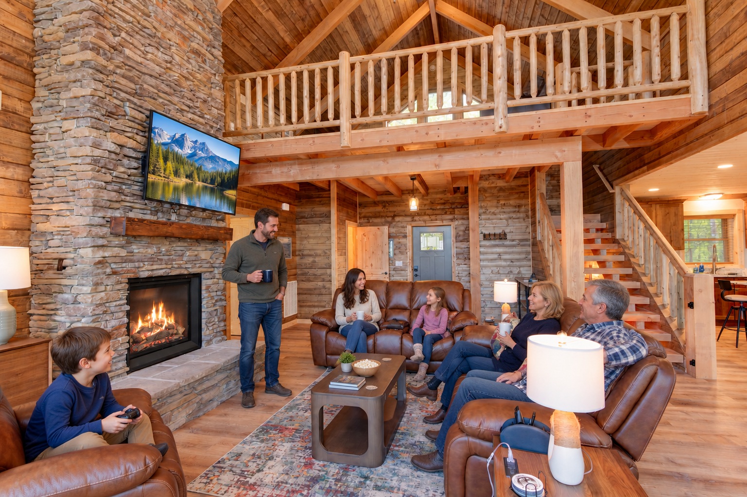 Gather by the fireplace · A stone fireplace, leather seating, and an open loft make the great room a comfortable place to spend time together.