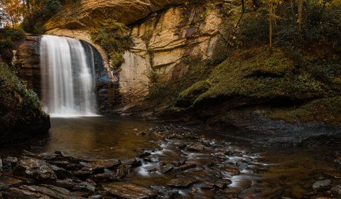 Looking Glass Falls framed by autumn foliage