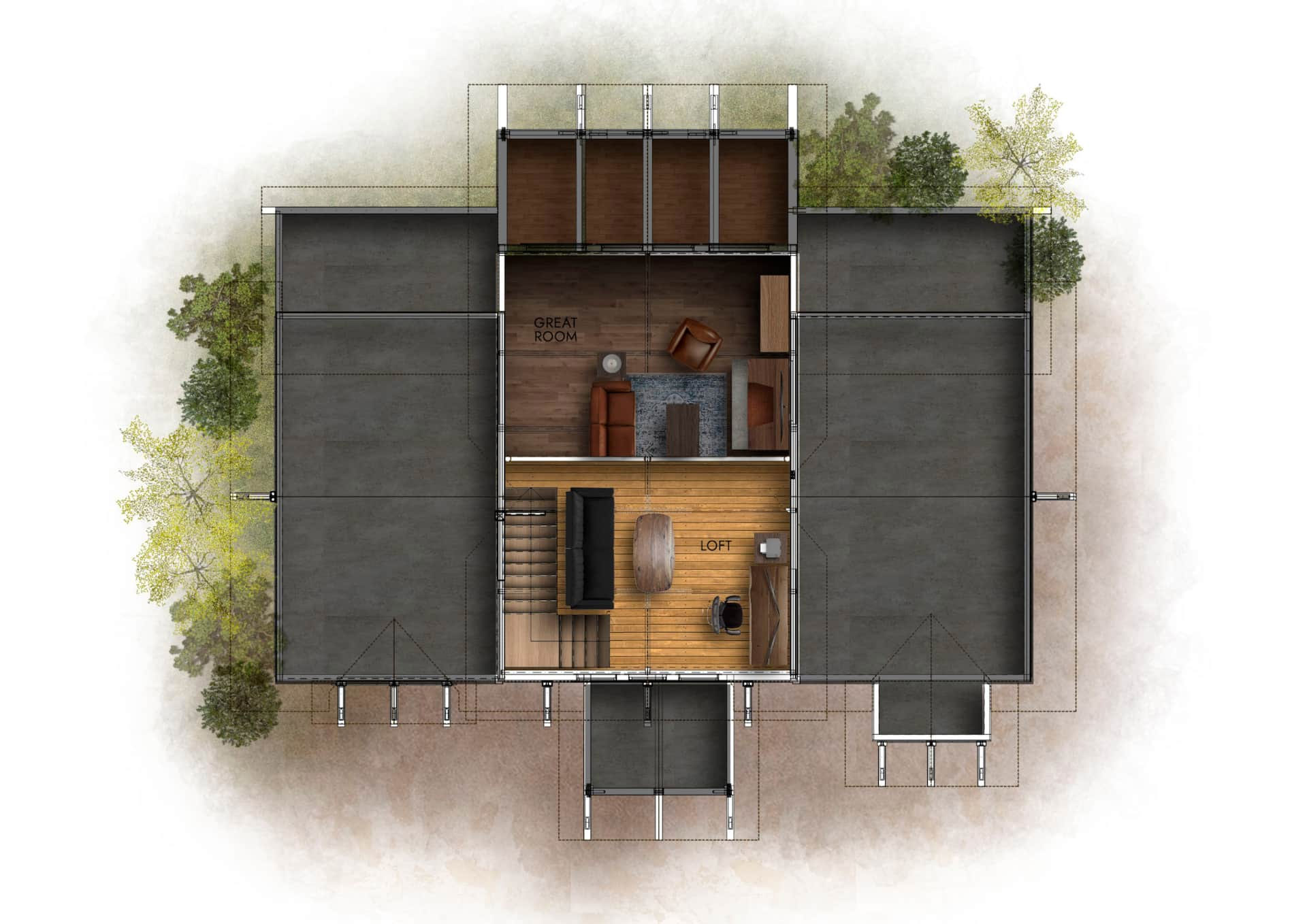 Loft layout showing the open loft, pull-out sofa, desk, stairs, and great room below
