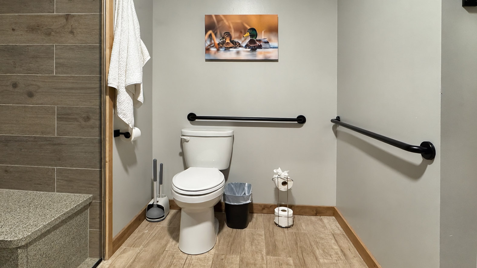 Main-floor toilet with grab bars · The main-floor primary suite bathroom includes a toilet with wall-mounted grab bars for added support.