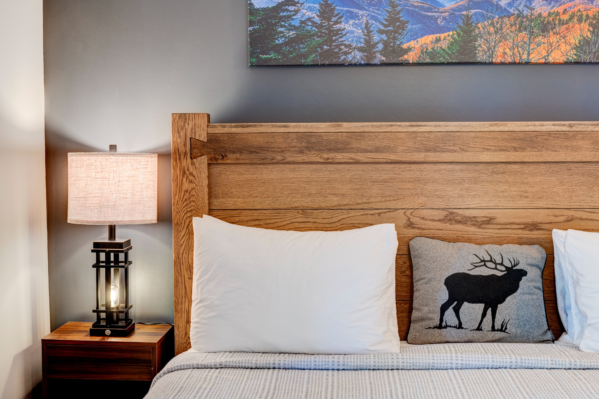 Bedroom 2 · Downstairs king suite · Wood headboard and bedside lighting