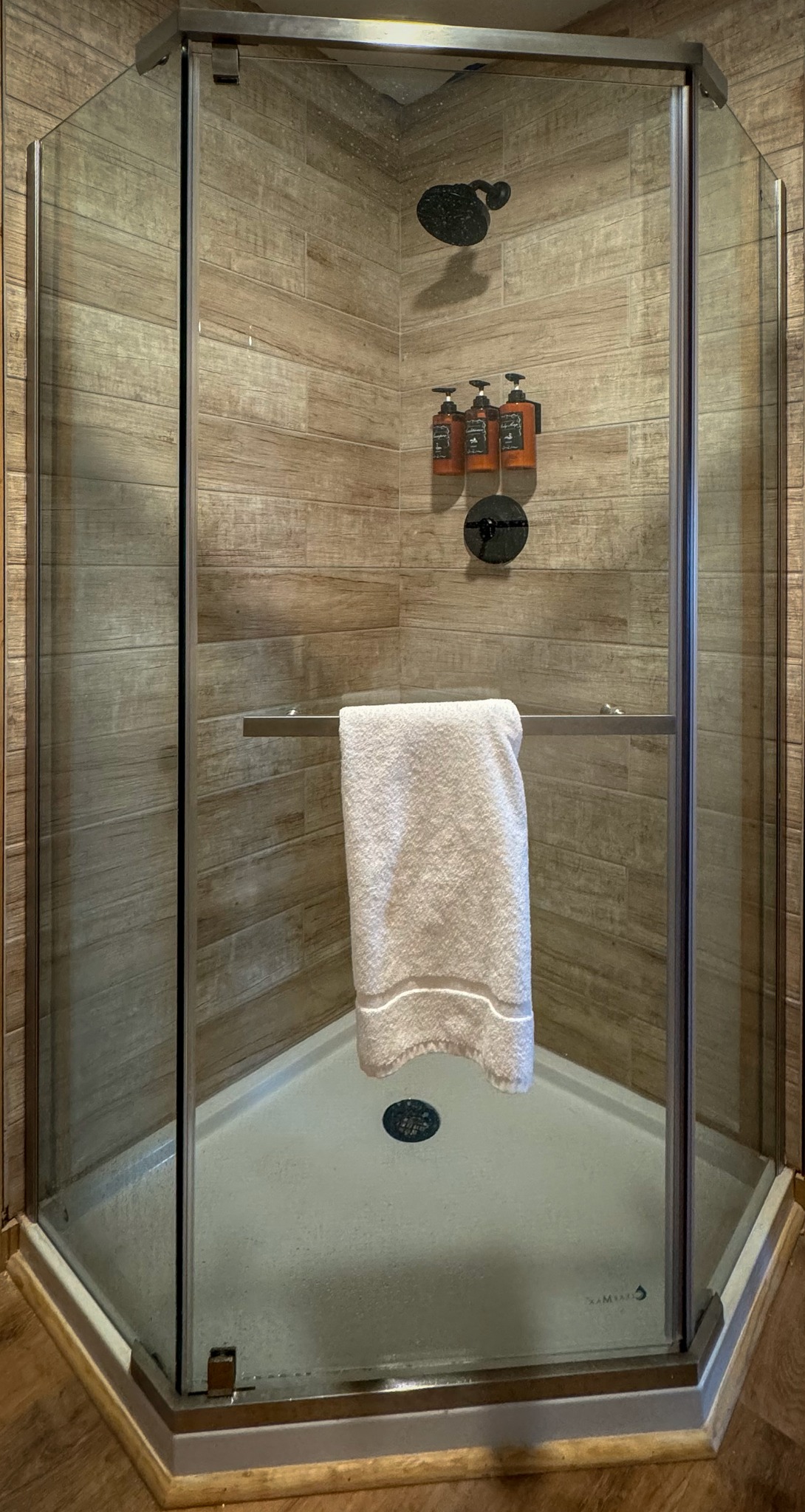 Shared downstairs bathroom · Corner shower